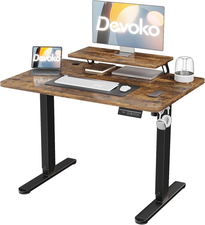 Devoko 120×60cm Escritorio eléctrico de altura ajustable, con soporte de monitor, con 2 funciones de memoria de altura