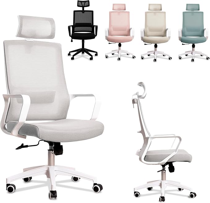 JUPPLIES Silla escritorio ergonomica. Ajustable y reclinable con soporte lumbar, reposacabezas ajustable, malla transpirable, ruedas giratorias 360° Soporta hasta 100kg