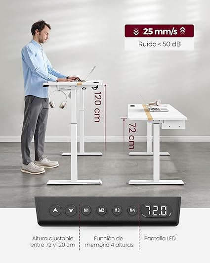 VASAGLE Escritorio regulable en altura, mesa regulable, enchufe y cajón, 60 x 140 cm
